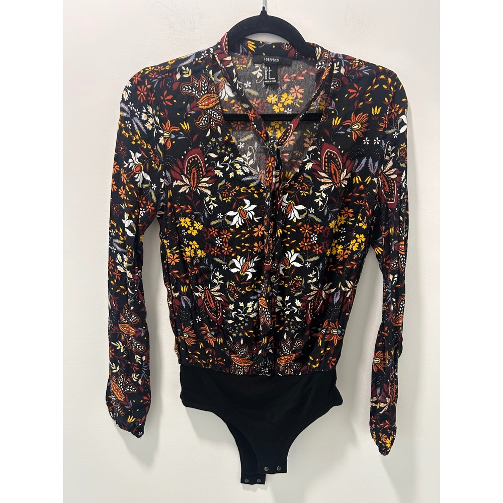Forever 21 Floral Paisley Long Sleeve Tie Front Snap Button Bodysuit Black Small
